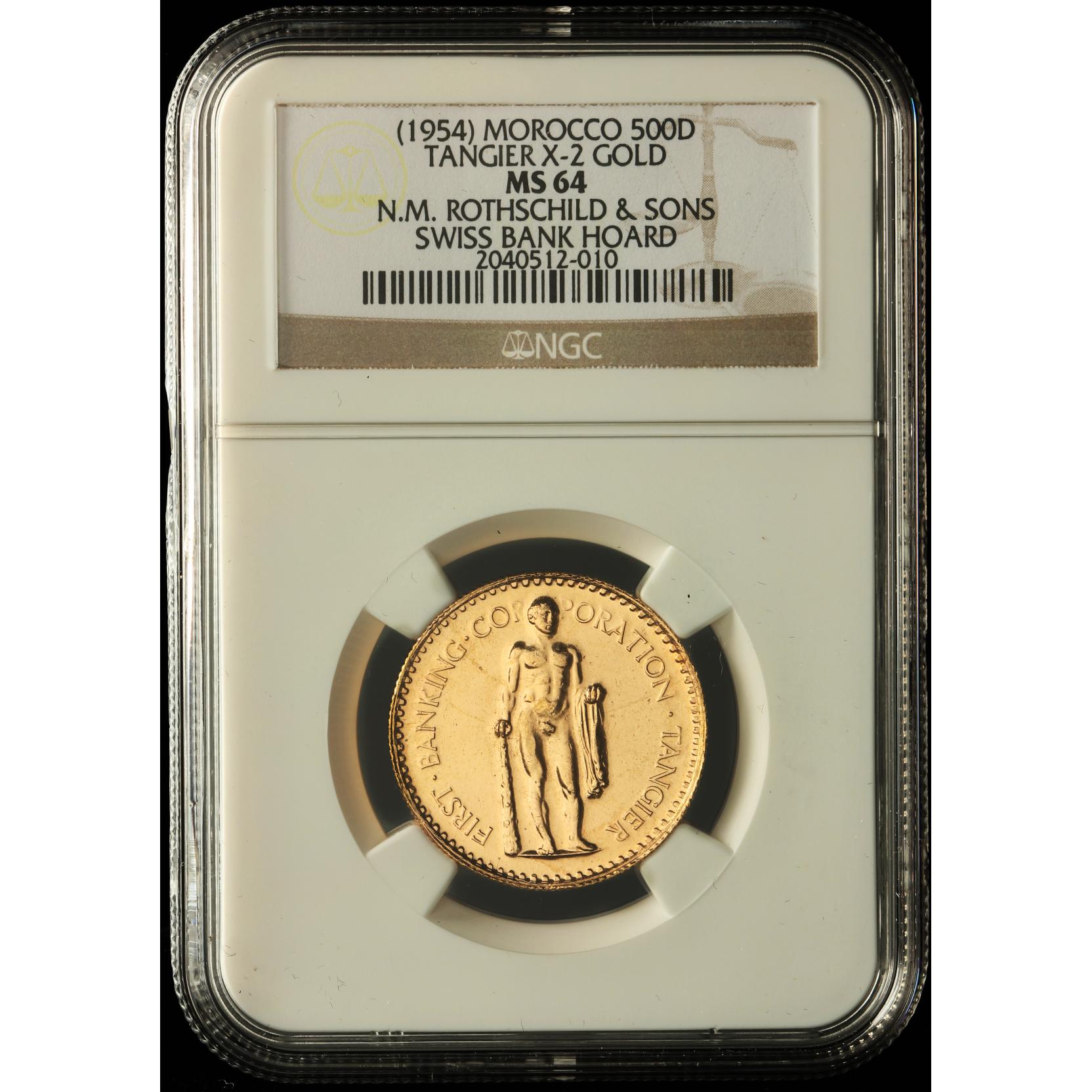 Morocco, 1954 500 Dirhams Tangier X-2 Gold, NGC MS64 (Lot 2152