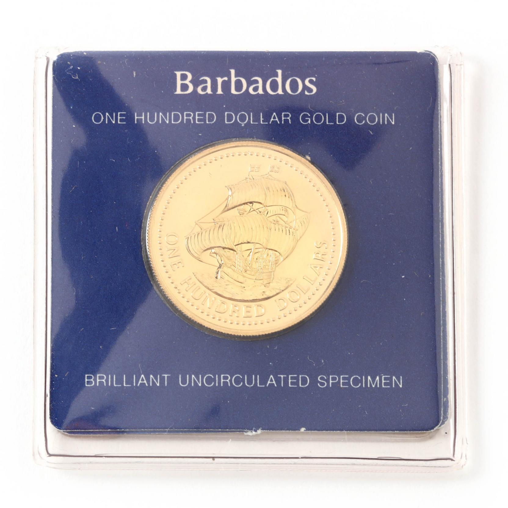 Barbados, (1975) $100 350th Anniversary Commemorative Gold Coin (Lot 50 - A  Single-Owner Collection of CoinsMar 16, 2016, 6:00pm)