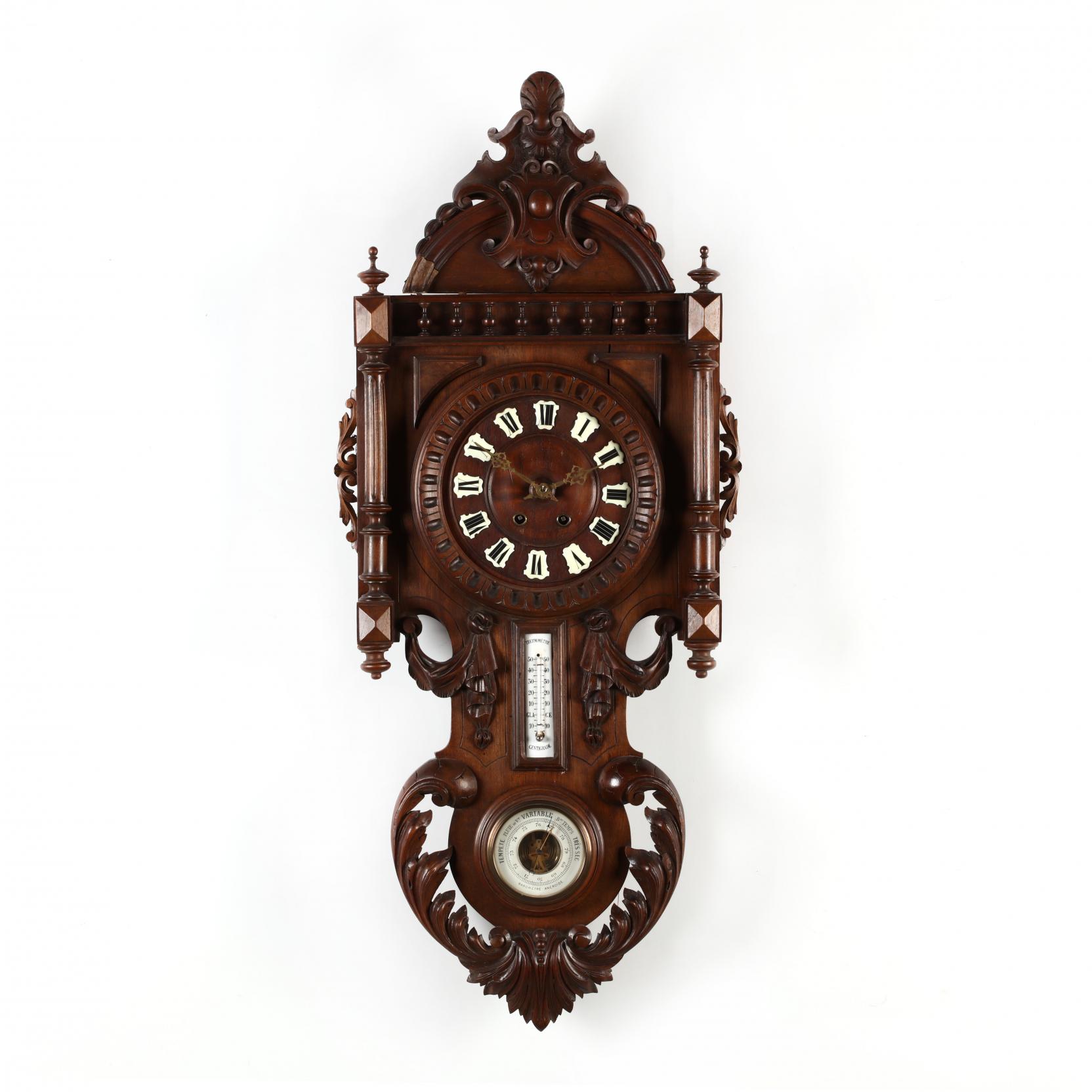 French Carved Walnut Antique Wall Clock, Barometer & Thermometer