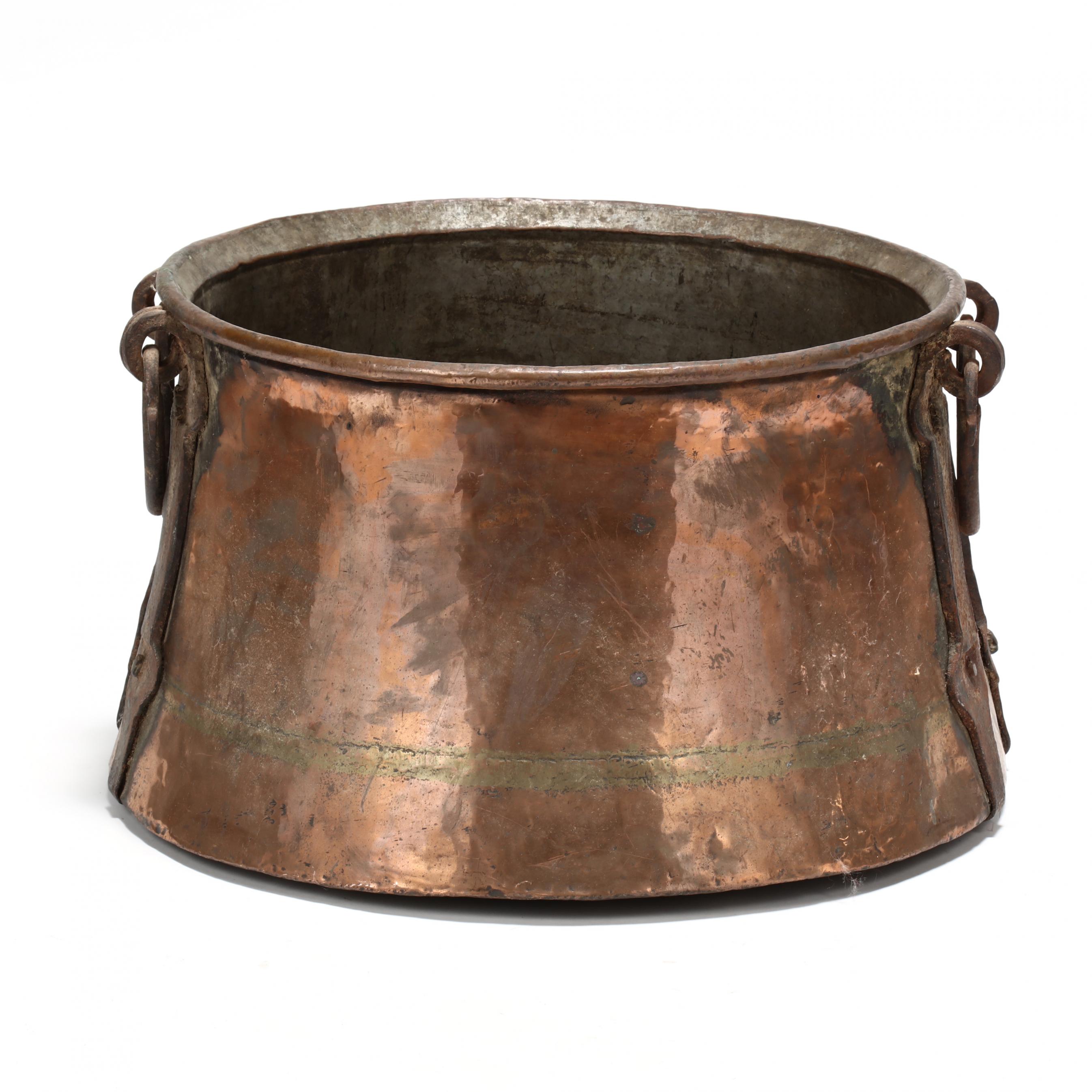 Antique Large Hand Hammered Copper Cauldron with Bronze Handles