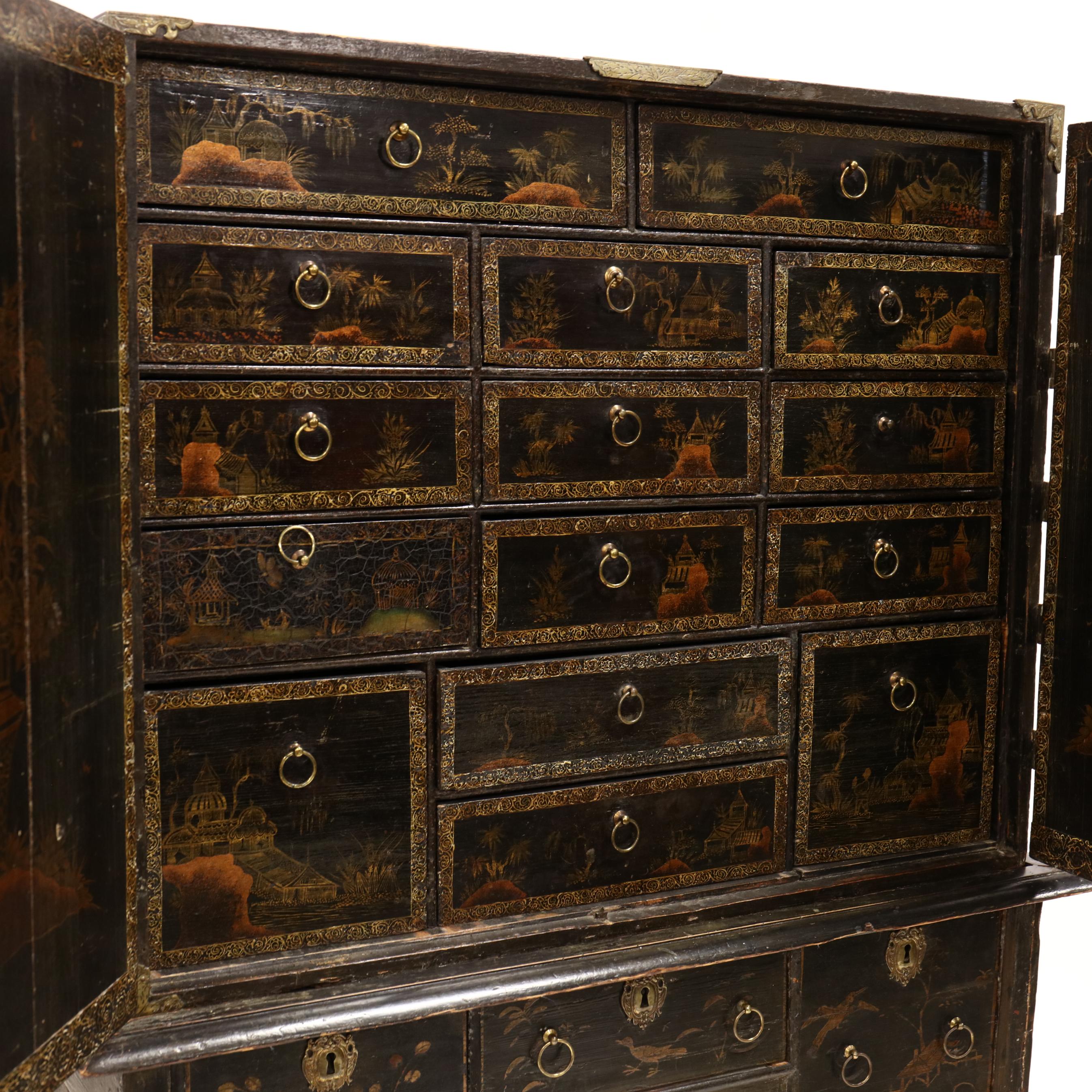 WILLIAM AND MARY BLACK JAPANNED CHEST ON STAND