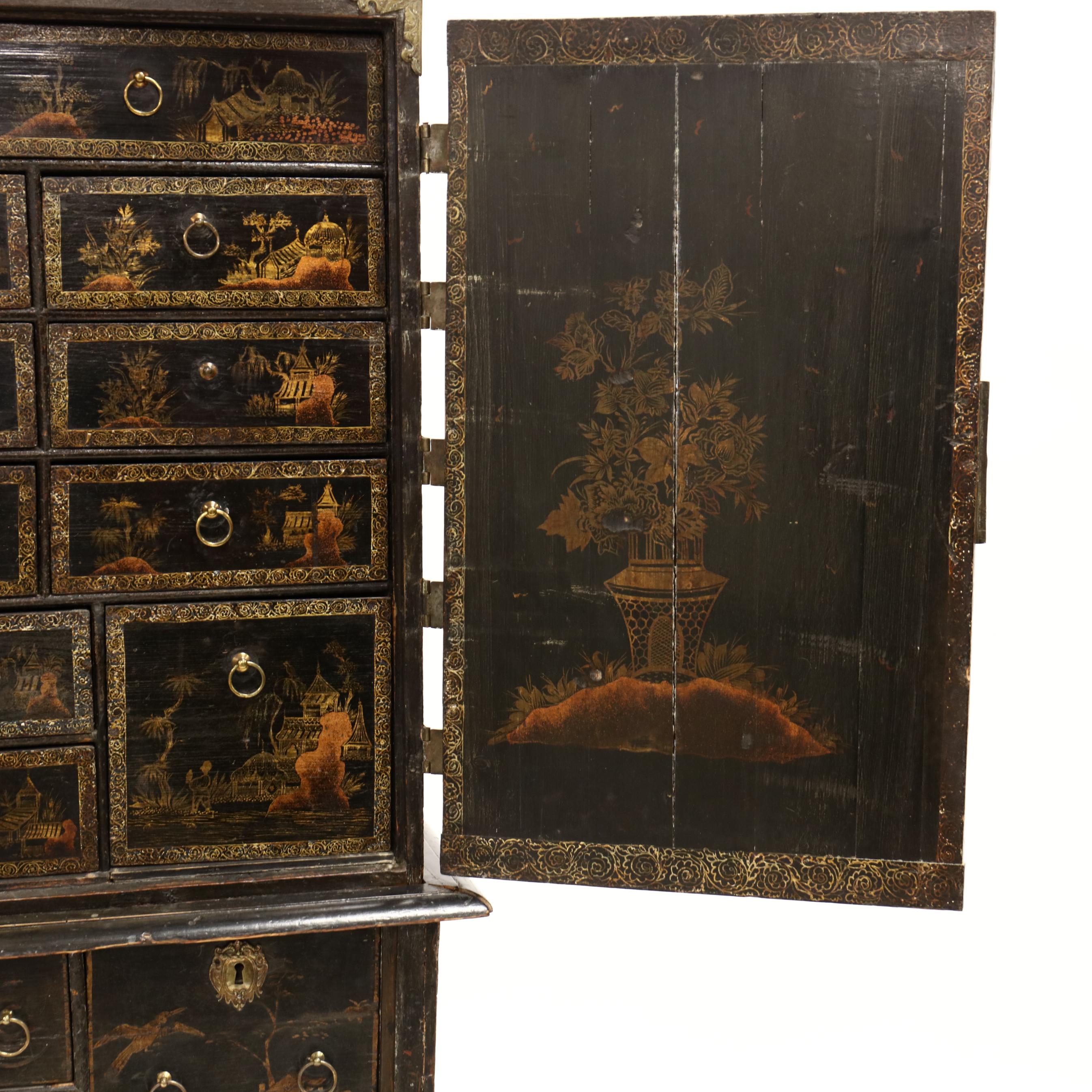 WILLIAM AND MARY BLACK JAPANNED CHEST ON STAND