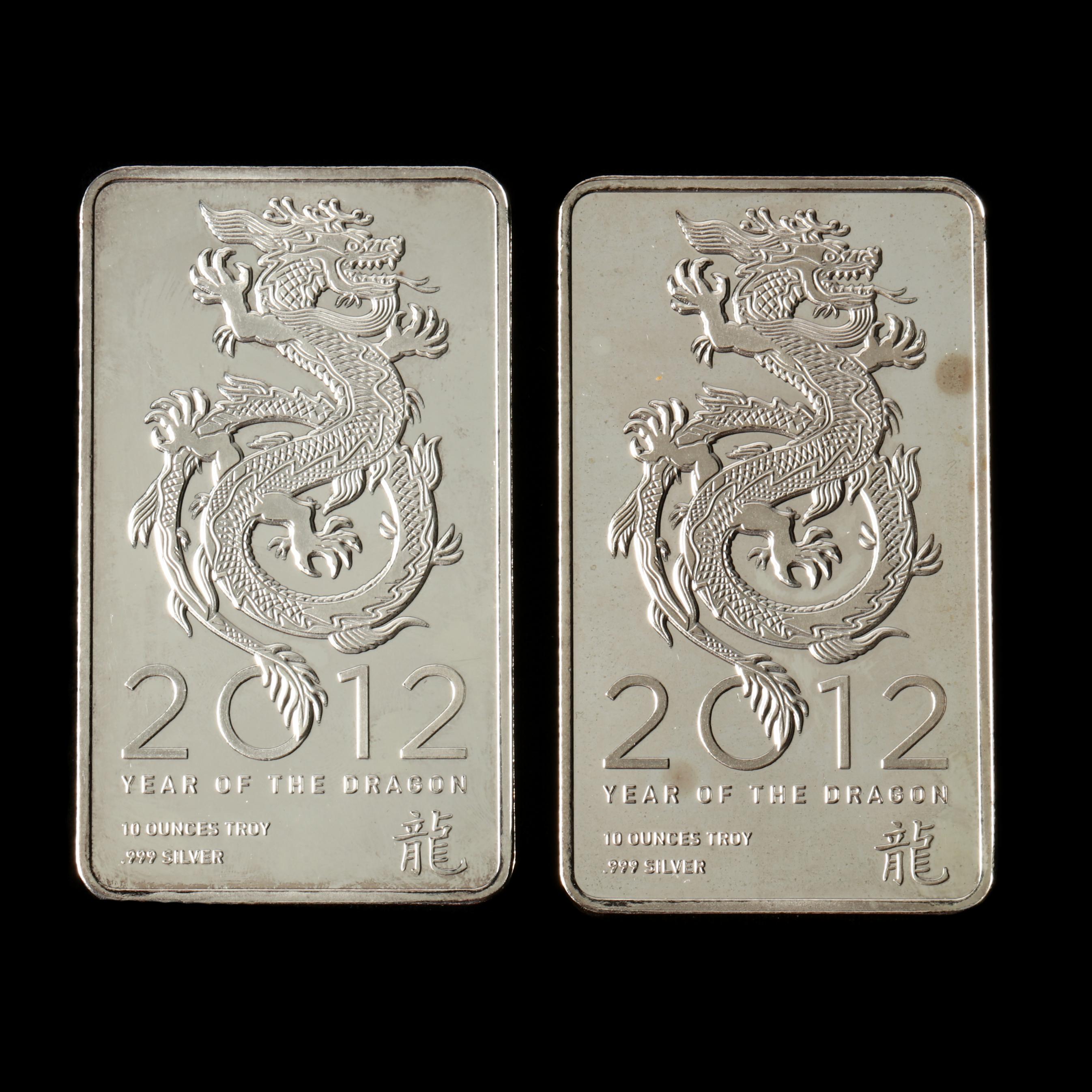 Two NTR 2012 Chinese Year of the Dragon 10 Troy Oz. Bullion Silver