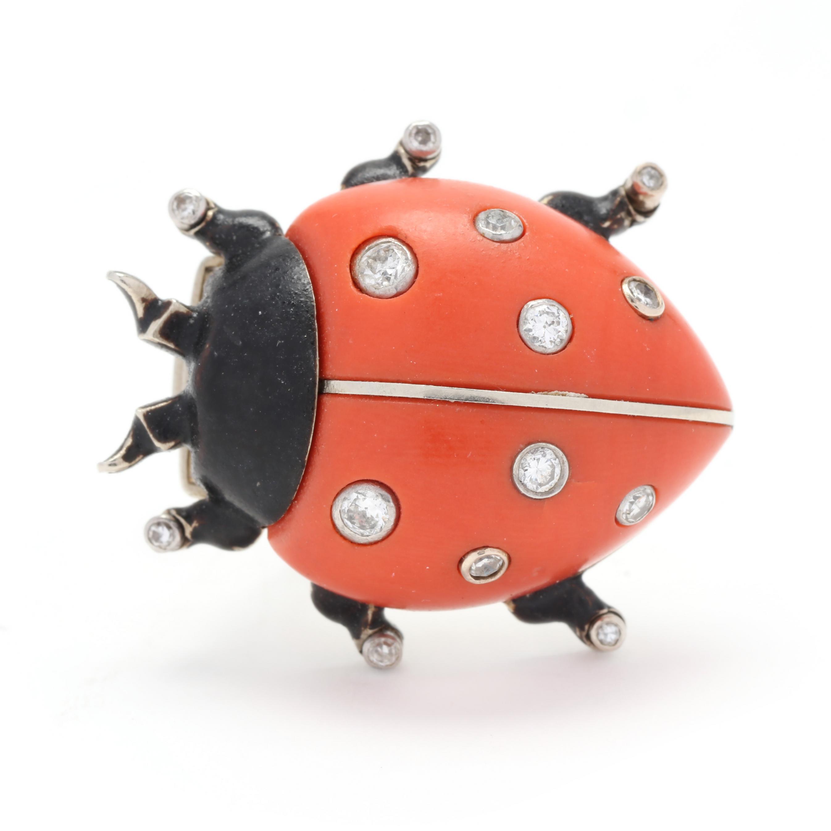 Vintage Coral Diamond and Enamel Ladybug Brooch Cartier Lot 53