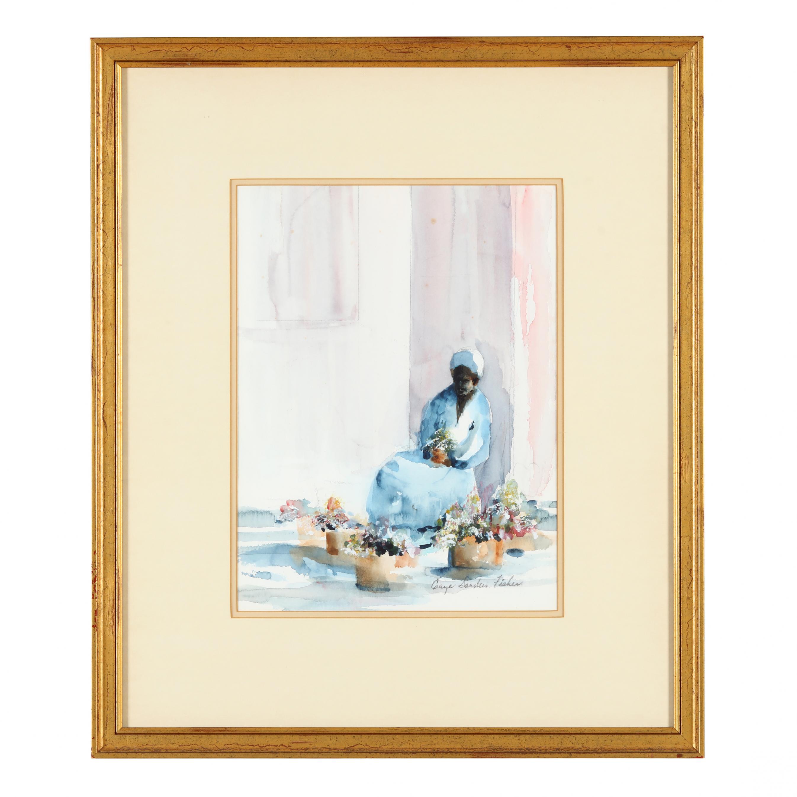 A framed watercolor limited edition print top by artist Gaye Sanders Fisher.