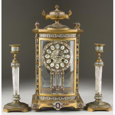 french-cloisonne-mantel-clock-garniture-set