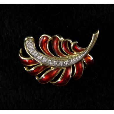 14kt-diamond-and-enamel-leaf-brooch-signed