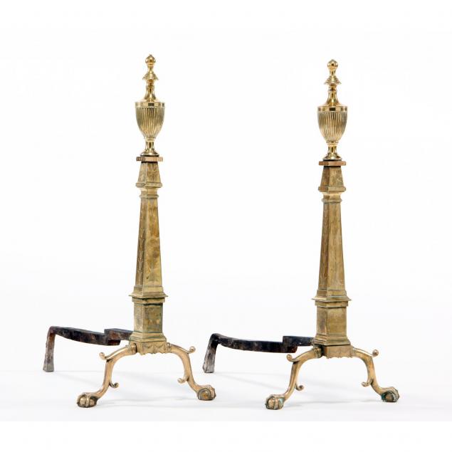 important-pair-of-federal-engraved-brass-andirons