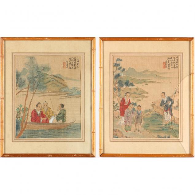 two-chinese-village-scene-paintings-on-silk