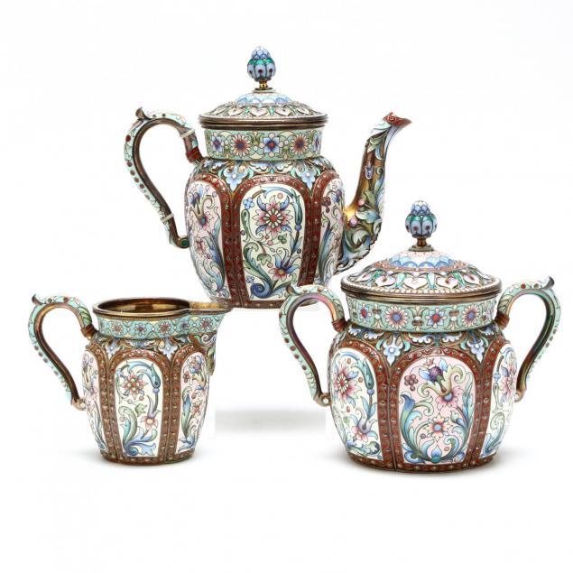 a-russian-silver-gilt-shaded-cloisonne-enameled-tea-set-ovchinnikov