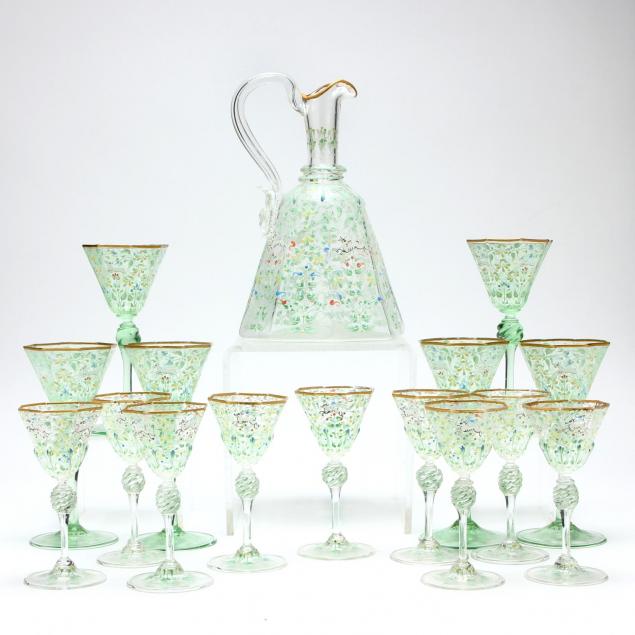 venetian-enameled-glass-decanter-set-of-16-pieces