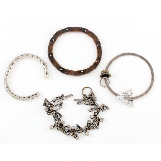 four-modernist-sterling-and-mixed-metal-bracelets