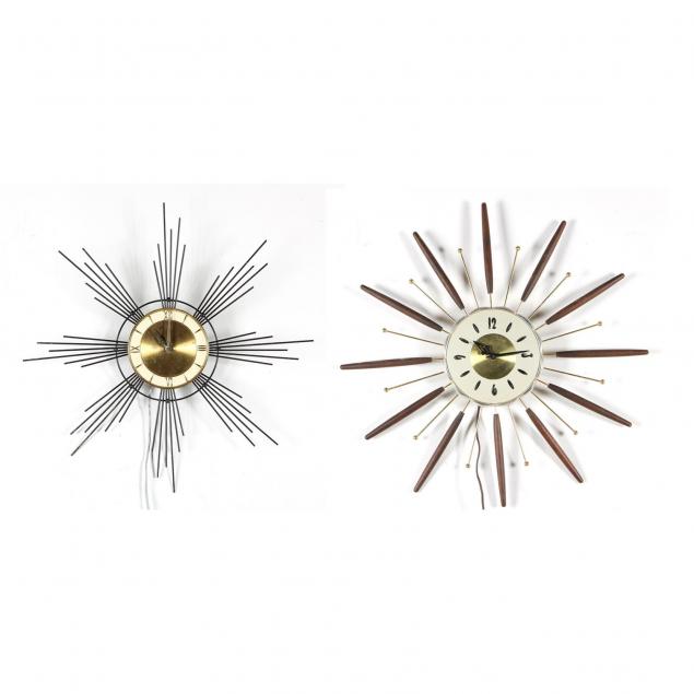 two-modernist-sunburst-wall-clocks