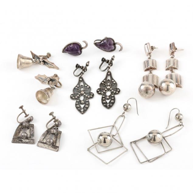 six-pairs-of-vintage-silver-earrings