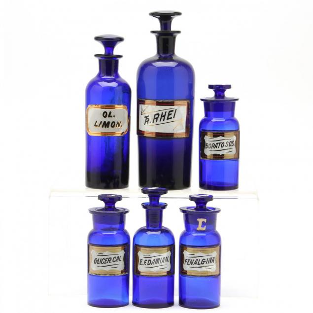 group-of-six-cobalt-apothecary-bottles