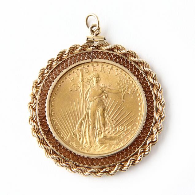 Lot - $20 LIBERTY SAINT GAUDENS GOLD COIN & DIAMOND PENDANT NECKLACE