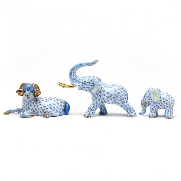three-blue-fishnet-herend-porcelain-animals