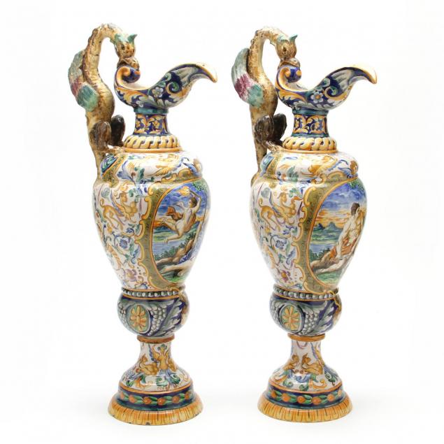 pair-of-large-antique-italian-faience-ewers