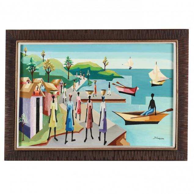yves-cameau-haitian-20th-century-cubist-style-harbor-scene