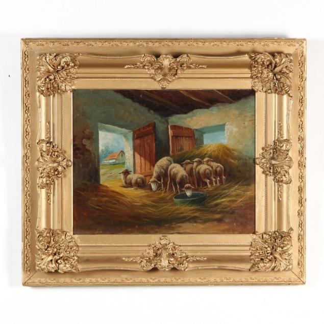 an-antique-continental-painting-of-sheep-in-a-barn