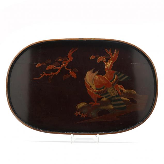 a-japanese-large-oval-lacquered-wooden-tray-with-eagle