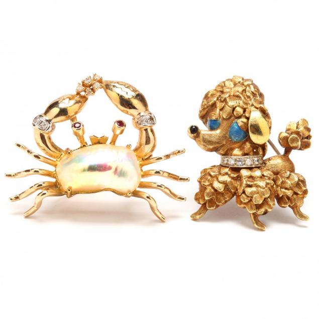 two-gold-and-gem-set-whimsical-brooches