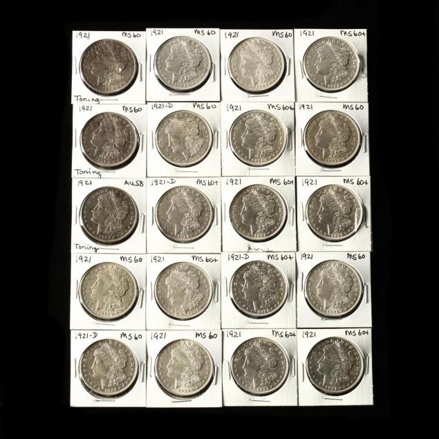 twenty-1921-dated-morgan-silver-dollars-ef-unc