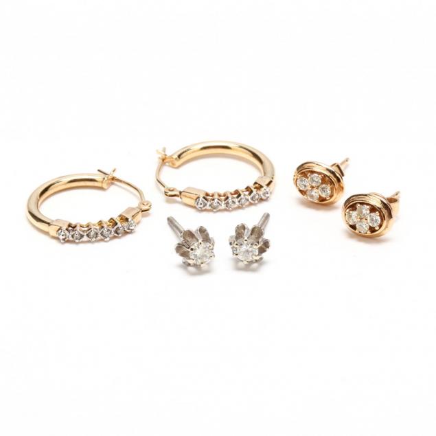 three-pairs-of-14kt-gold-and-diamond-accented-earrings