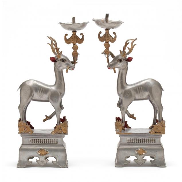 a-pair-of-chinese-gilt-pewter-deer-candlesticks