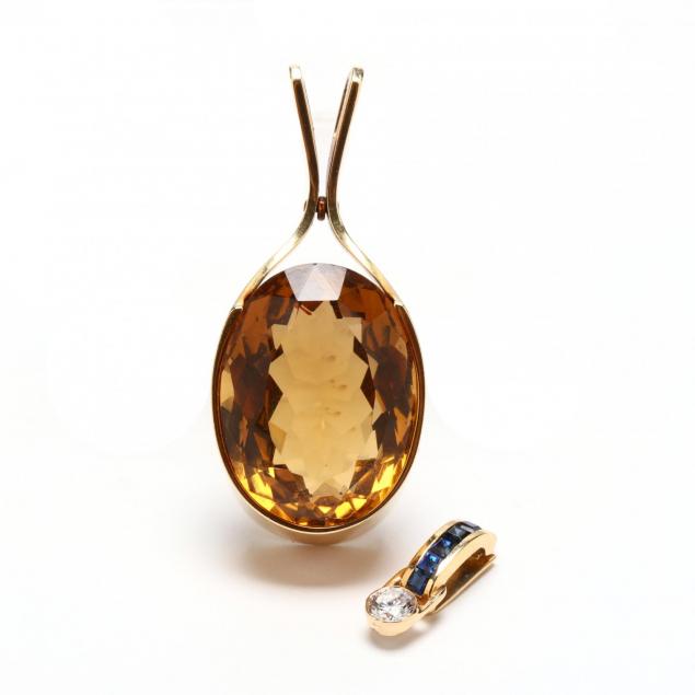 two-14kt-gold-gem-set-pendants-signed