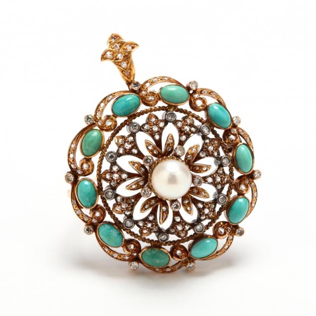 antique-diamond-pearl-and-turquoise-brooch-pendant
