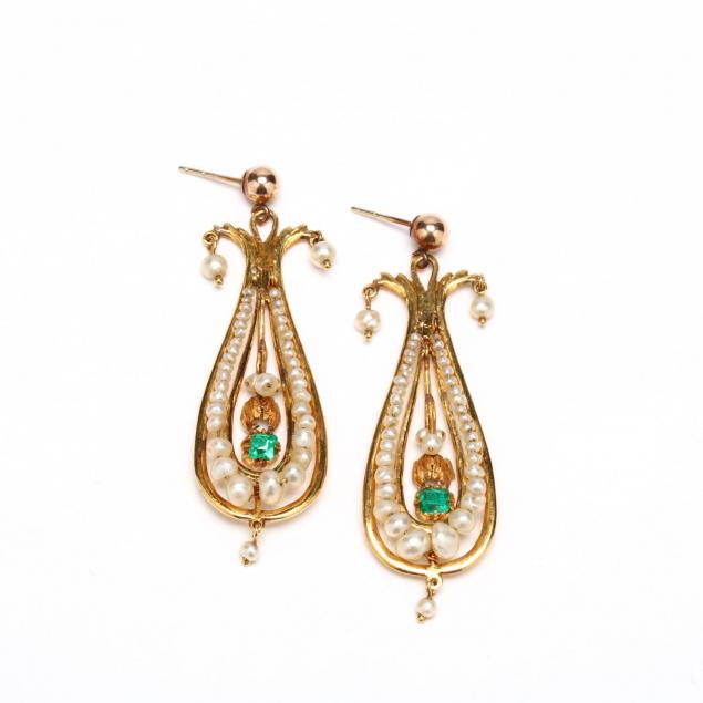 18kt-gold-emerald-and-seed-pearl-pendant-earrings