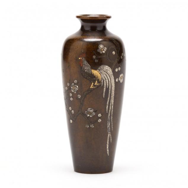a-japanese-inlaid-bronze-vase-with-rooster-by-nogawa-noboru