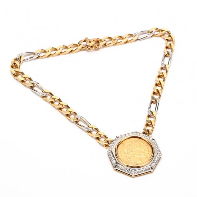 Two Color 18KT Gold, Emperor Napoleon III Coin, and Diamond Necklace ...