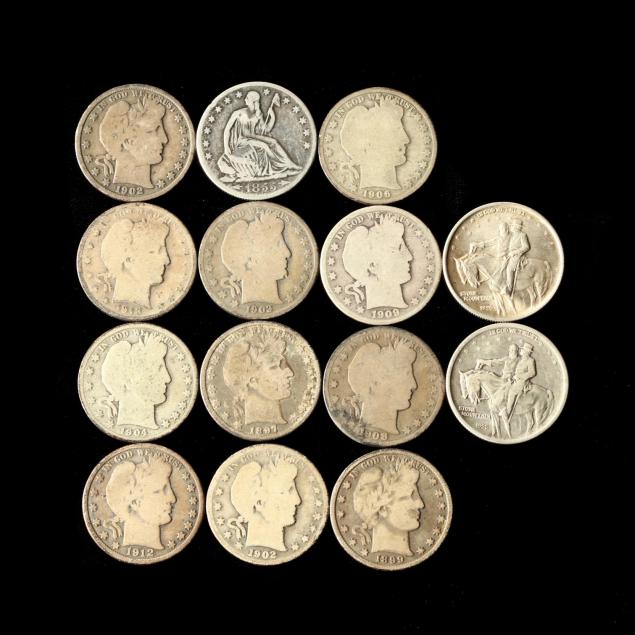1855-o-half-dollar-eleven-barber-halves-and-two-1925-stone-mountain-halves