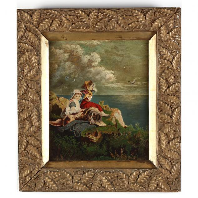 a-19th-century-painting-of-two-children-and-dog-by-the-seaside