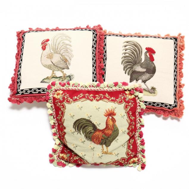 three-needlepoint-pillows-decorated-with-roosters
