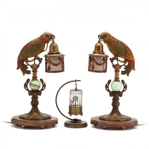 pair-of-art-deco-parrot-boudoir-lamps-and-an-automaton-birdcage-clock