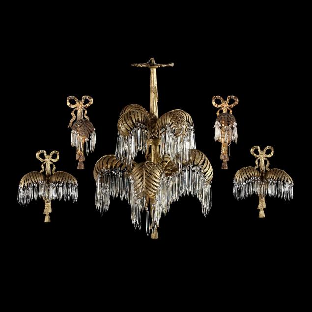 italian-classical-style-gilt-palm-chandelier-and-sconces