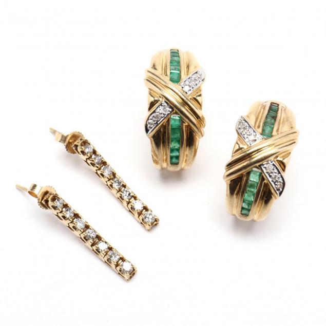 two-pairs-14kt-gold-and-gem-set-earrings