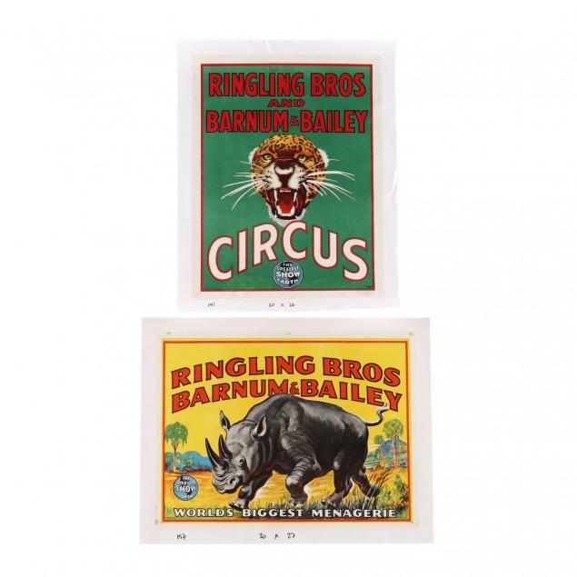 two-ringling-bros-and-barnum-bailey-vintage-circus-posters-featuring-a-leopard-and-rhinoceros