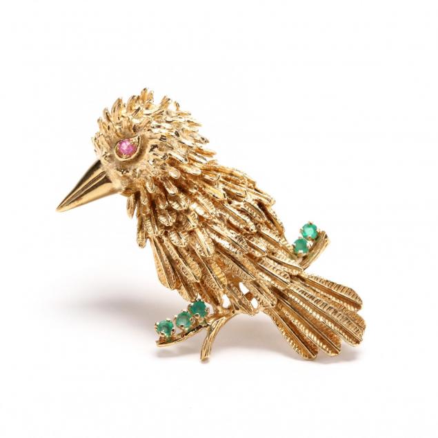 14kt-gold-and-gem-set-bird-brooch-signed