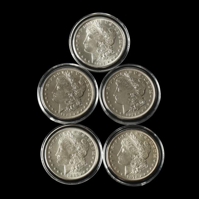 five-uncirculated-morgan-dollars-including-a-carson-city-coin