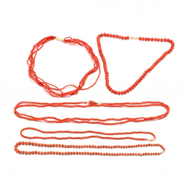 five-gold-and-coral-bead-necklaces