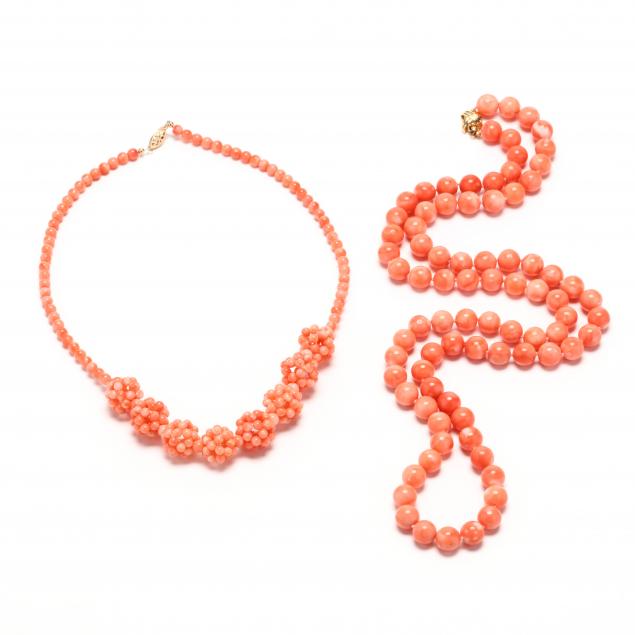 two-gold-and-coral-bead-necklaces
