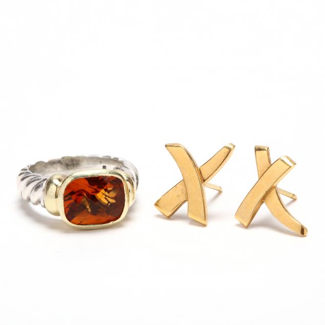 a-david-yurman-citrine-ring-and-a-pair-of-tiffany-co-18kt-gold-earrings
