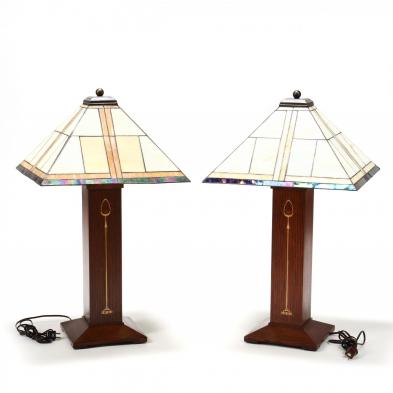 stickley-contemporary-pair-of-inlaid-mission-oak-stained-glass-table-lamps