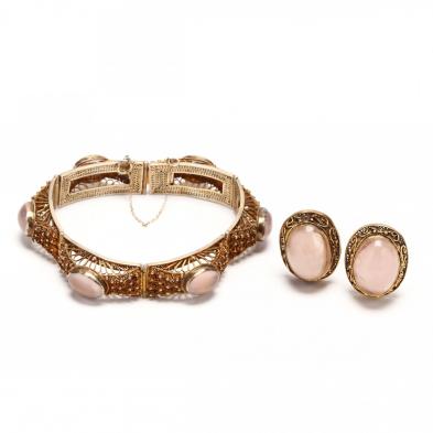 gold-wash-over-silver-rose-quartz-bracelet-and-earrings