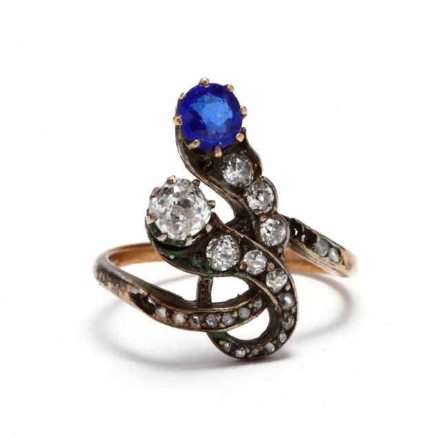 antique-silver-topped-gold-diamond-and-sapphire-simulant-serpent-ring