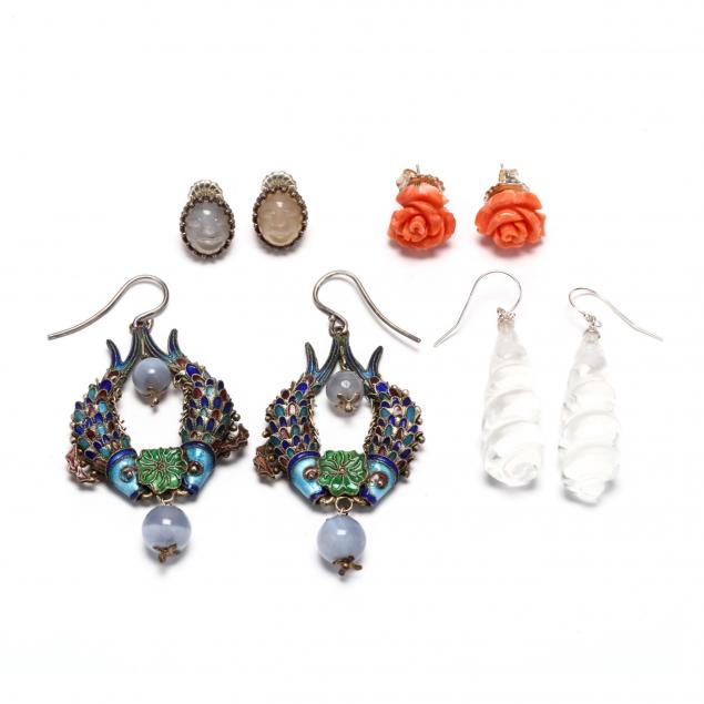 four-pairs-of-silver-and-gemstone-earrings